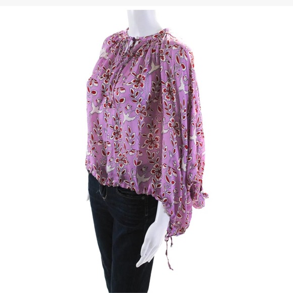 Rhode Helene Crepe De Chine Gathered Bird Print Peasant Blouse S - Picture 7 of 10